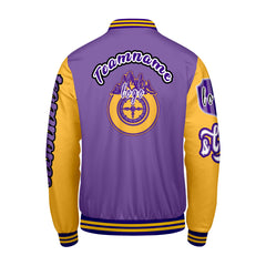 Maßgeschneiderte Lila Gelb Letterman Varsity Jacket Individuelle Stickerei  Druck nach Ihrem Wunsch