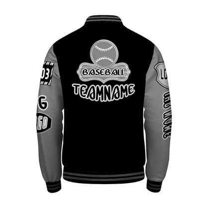 Maßgeschneiderte Schwarz Grau Letterman Varsity Jacket Individuelle Stickerei  Druck nach Ihrem Wunsch