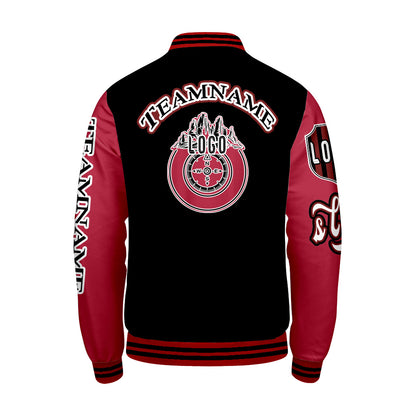 Maßgeschneiderte Schwarz Rot Letterman Varsity Jacket Individuelle Stickerei  Druck nach Ihrem Wunsch
