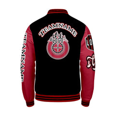 Maßgeschneiderte Schwarz Rot Letterman Varsity Jacket Individuelle Stickerei  Druck nach Ihrem Wunsch