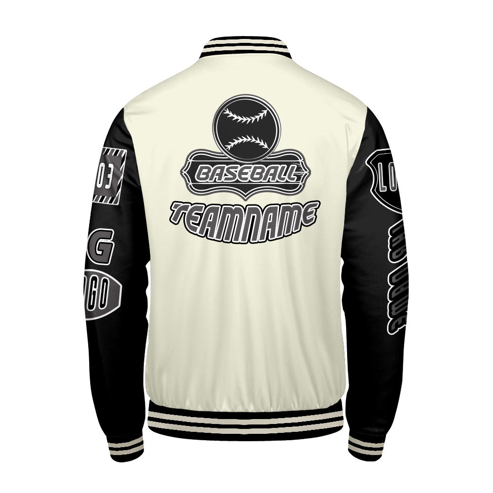 Maßgeschneiderte Schwarz Weiß Letterman Varsity Jacket Individuelle Stickerei  Druck nach Ihrem Wunsch
