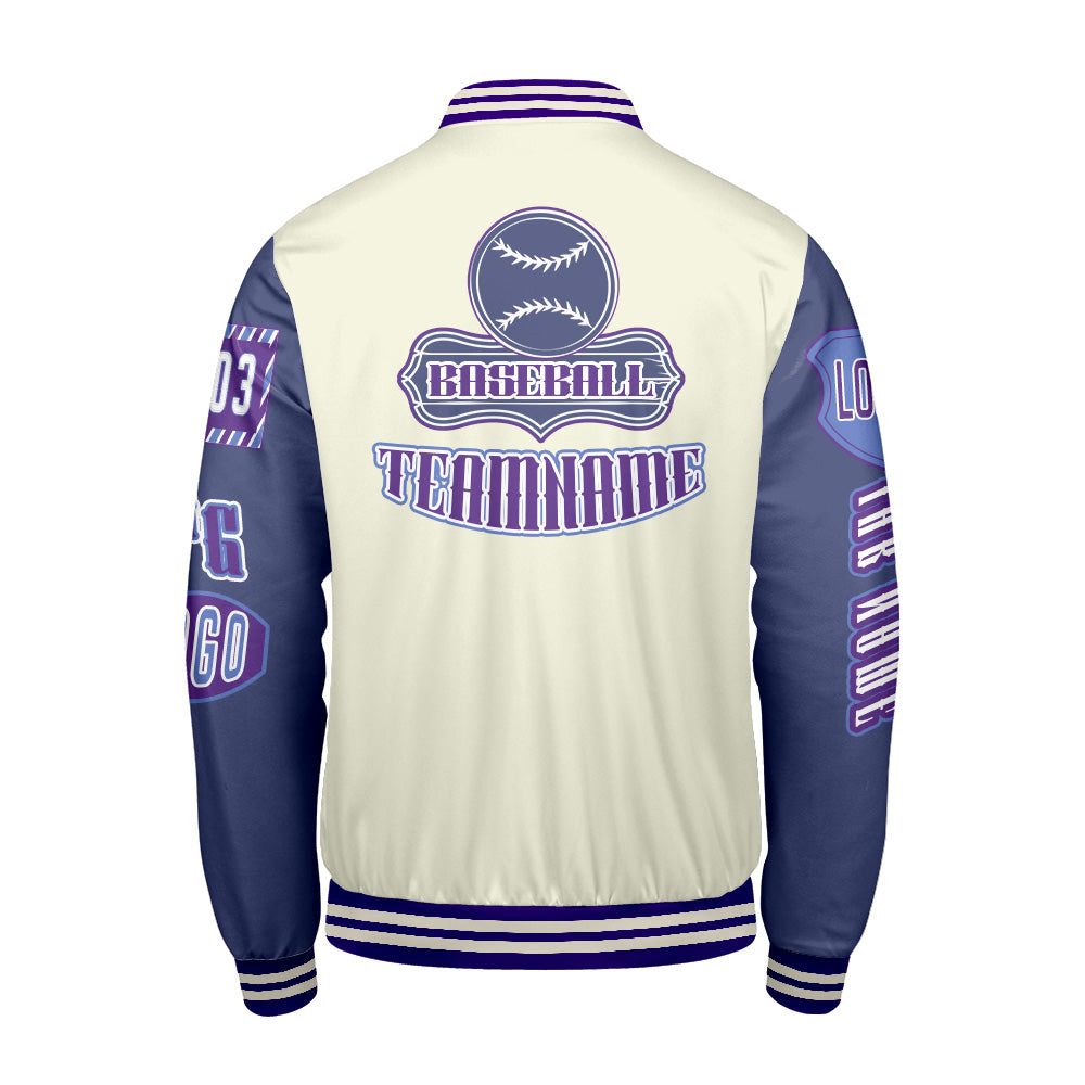 Maßgeschneiderte Lila Blau Letterman Varsity Jacket Individuelle Stickerei  Druck nach Ihrem Wunsch