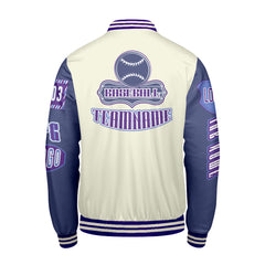 Maßgeschneiderte Lila Blau Letterman Varsity Jacket Individuelle Stickerei  Druck nach Ihrem Wunsch