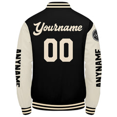 Maßgeschneiderte Schwarz Creme Letterman Varsity Jacket Individuelle Stickerei Druck nach Ihrem Wunsch