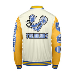 Maßgeschneiderte Weiß Gelb Letterman Varsity Jacket Individuelle Stickerei  Druck nach Ihrem Wunsch