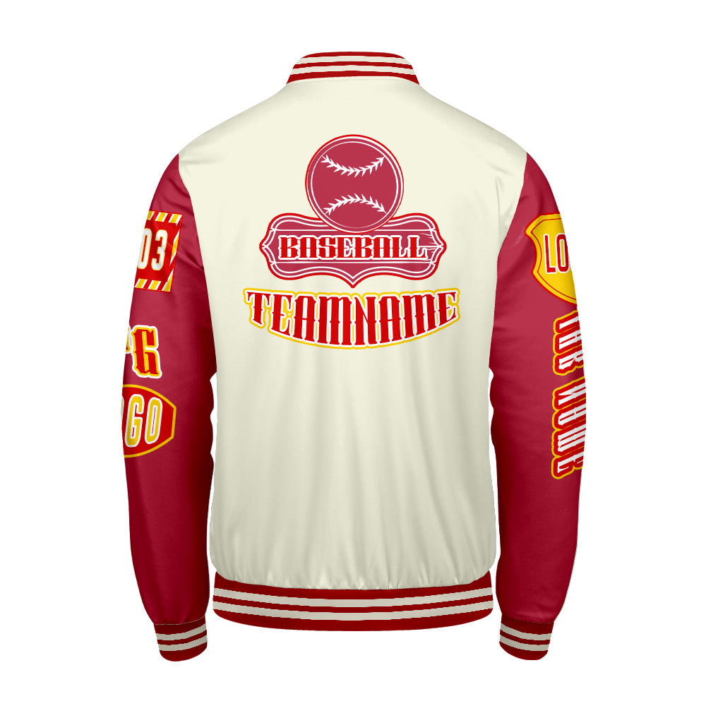 Maßgeschneiderte Rot Gelb Letterman Varsity Jacket Individuelle Stickerei  Druck nach Ihrem Wunsch