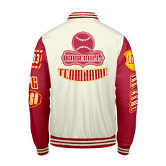 Maßgeschneiderte Rot Gelb Letterman Varsity Jacket Individuelle Stickerei  Druck nach Ihrem Wunsch