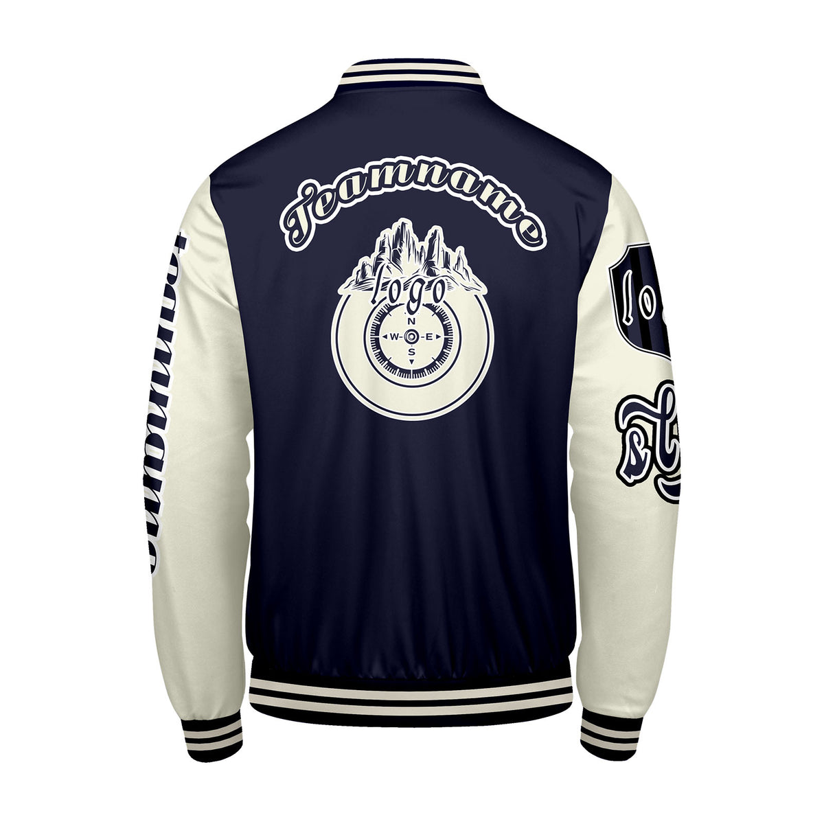 Maßgeschneiderte Marine Weiß Letterman Varsity Jacket Individuelle Stickerei  Druck nach Ihrem Wunsch