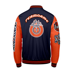 Maßgeschneiderte Marine Orange Letterman Varsity Jacket Individuelle Stickerei  Druck nach Ihrem Wunsch
