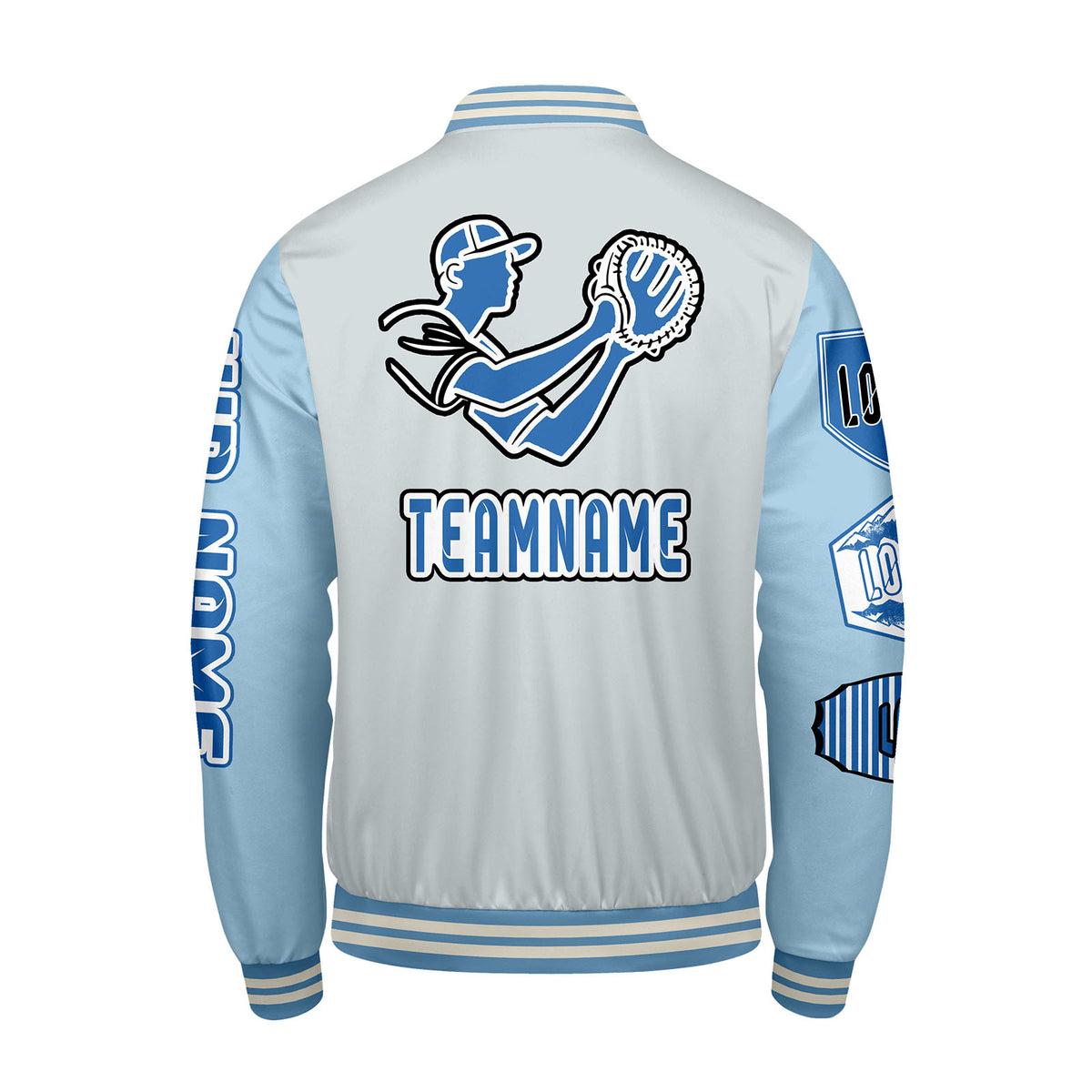 Maßgeschneiderte Grau Löwenblau Letterman Varsity Jacket Individuelle Stickerei  Druck nach Ihrem Wunsch