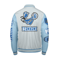 Maßgeschneiderte Grau Löwenblau Letterman Varsity Jacket Individuelle Stickerei  Druck nach Ihrem Wunsch