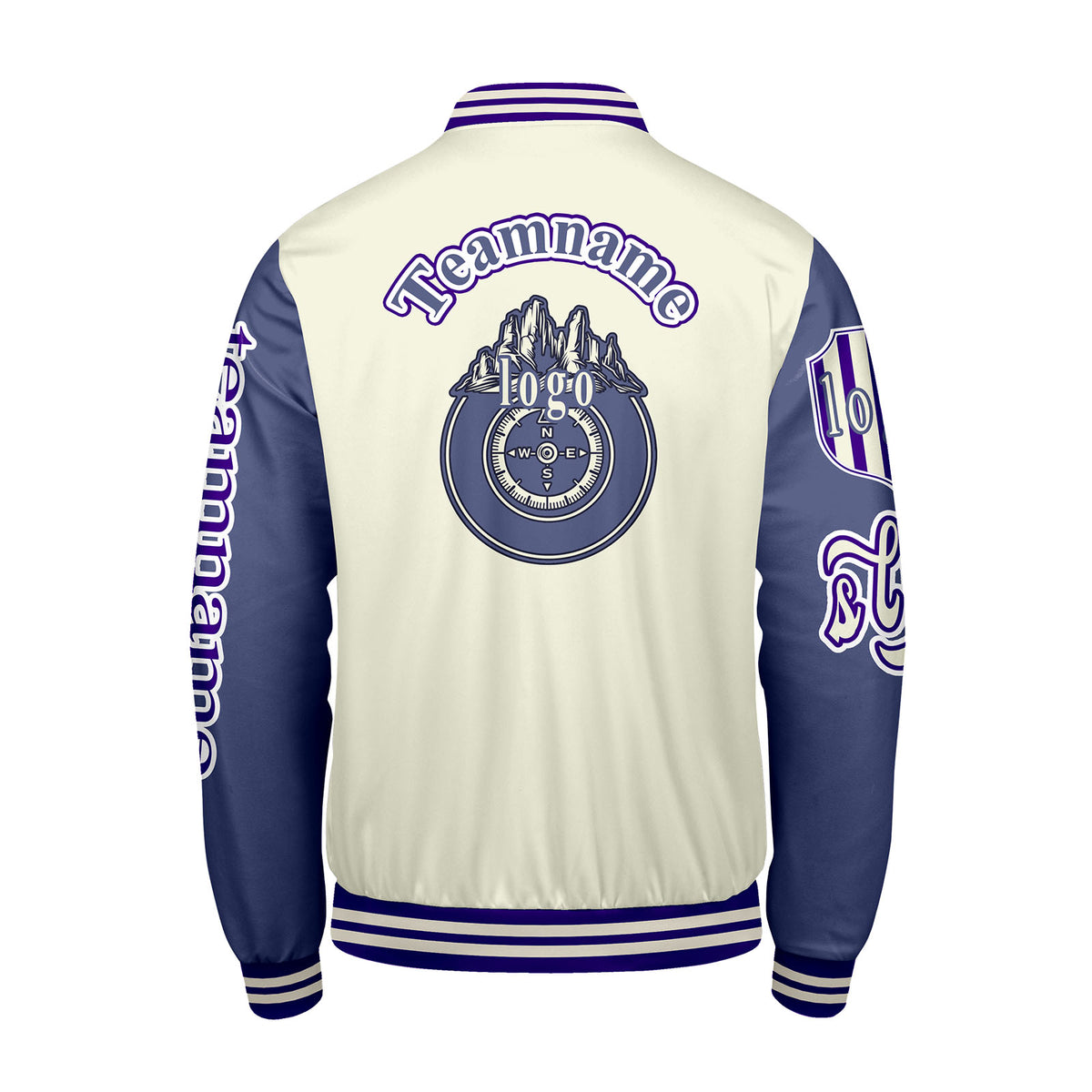 Maßgeschneiderte Weiß Lila Letterman Varsity Jacket Individuelle Stickerei  Druck nach Ihrem Wunsch