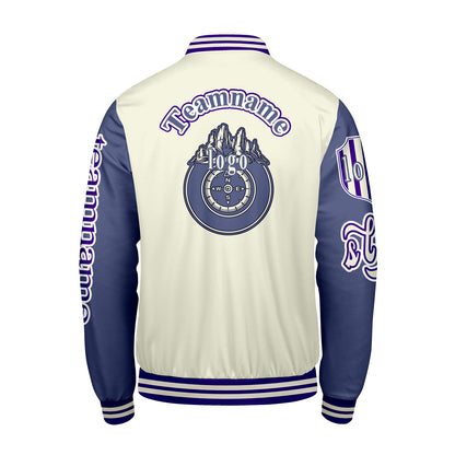 Maßgeschneiderte Weiß Lila Letterman Varsity Jacket Individuelle Stickerei  Druck nach Ihrem Wunsch