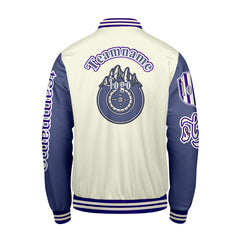 Maßgeschneiderte Weiß Lila Letterman Varsity Jacket Individuelle Stickerei  Druck nach Ihrem Wunsch