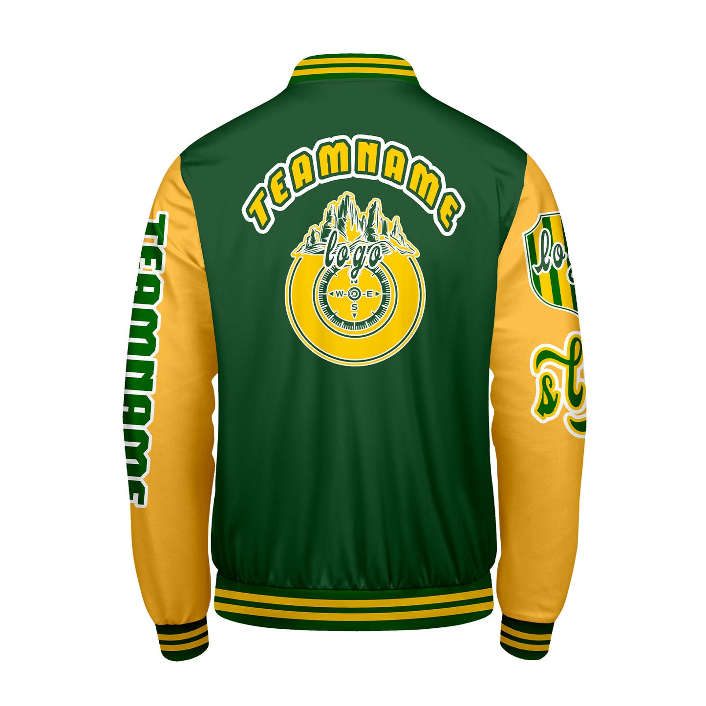 Maßgeschneiderte Grün Gelb Letterman Varsity Jacket Individuelle Stickerei  Druck nach Ihrem Wunsch