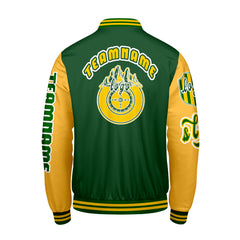 Maßgeschneiderte Grün Gelb Letterman Varsity Jacket Individuelle Stickerei  Druck nach Ihrem Wunsch