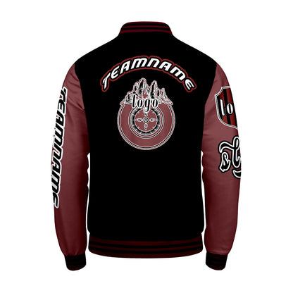 Maßgeschneiderte Schwarz Rot Letterman Varsity Jacket Individuelle Stickerei  Druck nach Ihrem Wunsch