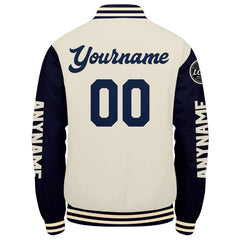 Maßgeschneiderte Marine Creme Letterman Varsity Jacket Individuelle Stickerei Druck nach Ihrem Wunsch
