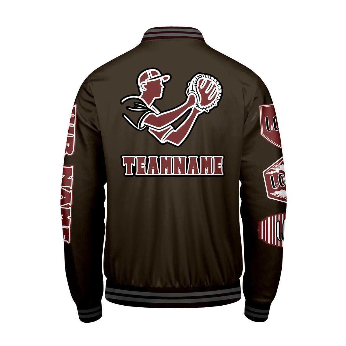 Maßgeschneiderte Braun Letterman Varsity Jacket Individuelle Stickerei  Druck nach Ihrem Wunsch