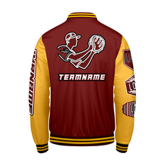 Maßgeschneiderte Rot Gelb Letterman Varsity Jacket Individuelle Stickerei  Druck nach Ihrem Wunsch