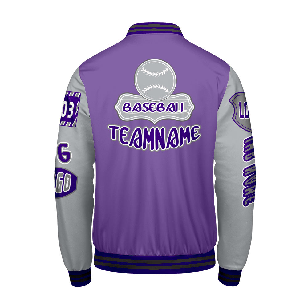 Maßgeschneiderte Lila Grau Letterman Varsity Jacket Individuelle Stickerei  Druck nach Ihrem Wunsch