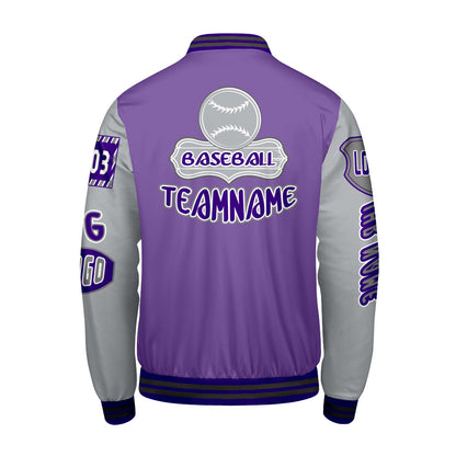 Maßgeschneiderte Lila Grau Letterman Varsity Jacket Individuelle Stickerei  Druck nach Ihrem Wunsch