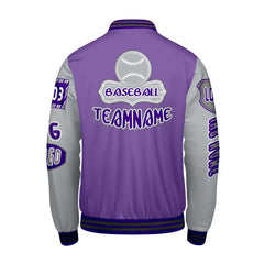 Maßgeschneiderte Lila Grau Letterman Varsity Jacket Individuelle Stickerei  Druck nach Ihrem Wunsch