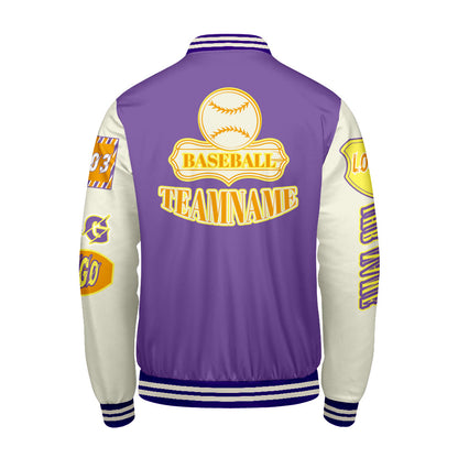 Maßgeschneiderte Lila Gelb Letterman Varsity Jacket Individuelle Stickerei  Druck nach Ihrem Wunsch