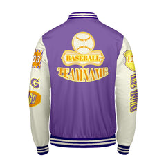 Maßgeschneiderte Lila Gelb Letterman Varsity Jacket Individuelle Stickerei  Druck nach Ihrem Wunsch