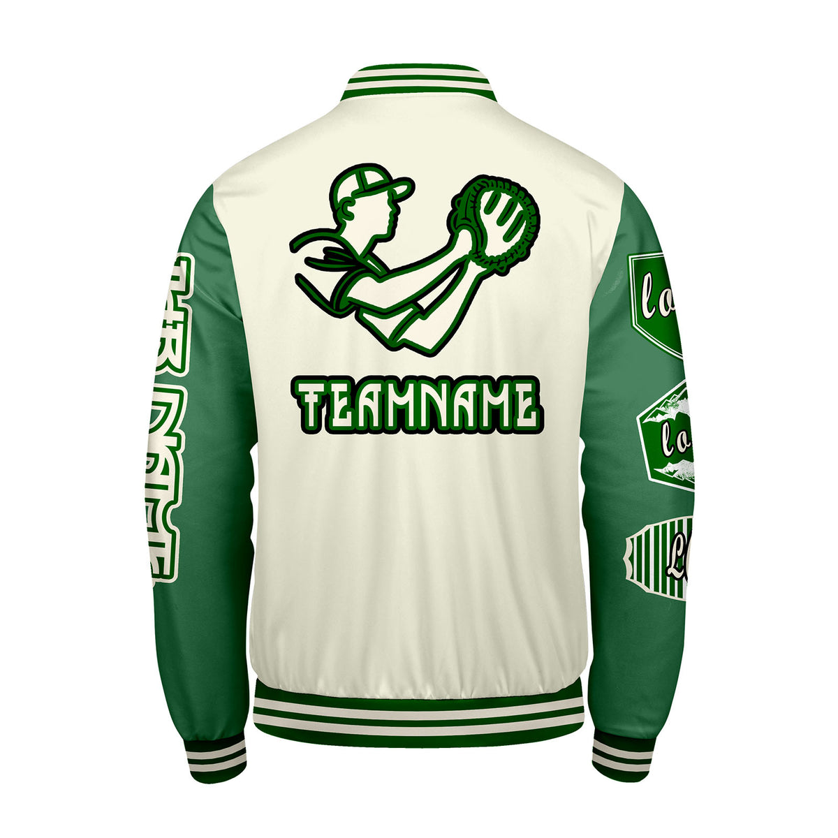 Maßgeschneiderte Weiß Grün Letterman Varsity Jacket Individuelle Stickerei  Druck nach Ihrem Wunsch