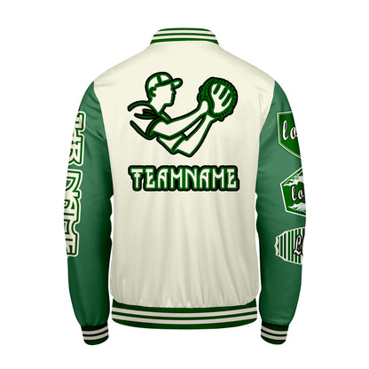 Maßgeschneiderte Weiß Grün Letterman Varsity Jacket Individuelle Stickerei  Druck nach Ihrem Wunsch