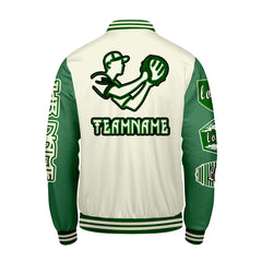 Maßgeschneiderte Weiß Grün Letterman Varsity Jacket Individuelle Stickerei  Druck nach Ihrem Wunsch