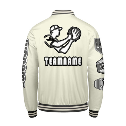 Maßgeschneiderte Weiß Letterman Varsity Jacket Individuelle Stickerei  Druck nach Ihrem Wunsch