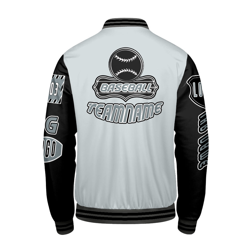 Maßgeschneiderte Grau Schwarz Letterman Varsity Jacket Individuelle Stickerei  Druck nach Ihrem Wunsch