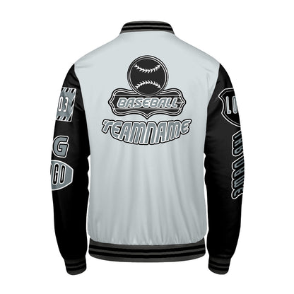 Maßgeschneiderte Grau Schwarz Letterman Varsity Jacket Individuelle Stickerei  Druck nach Ihrem Wunsch