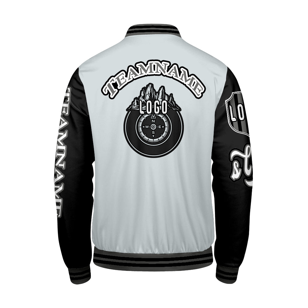 Maßgeschneiderte Grau Schwarz Letterman Varsity Jacket Individuelle Stickerei  Druck nach Ihrem Wunsch