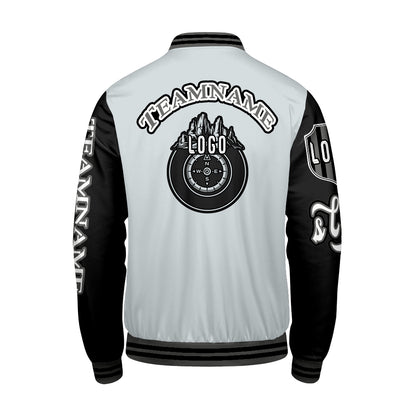 Maßgeschneiderte Grau Schwarz Letterman Varsity Jacket Individuelle Stickerei  Druck nach Ihrem Wunsch
