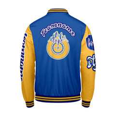 Maßgeschneiderte Blau Gelb Letterman Varsity Jacket Individuelle Stickerei  Druck nach Ihrem Wunsch