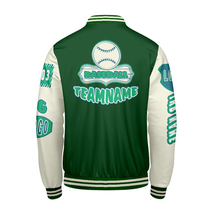 Maßgeschneiderte Grün Weiß Letterman Varsity Jacket Individuelle Stickerei  Druck nach Ihrem Wunsch