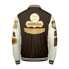 Maßgeschneiderte Braun Gelb Letterman Varsity Jacket Individuelle Stickerei  Druck nach Ihrem Wunsch