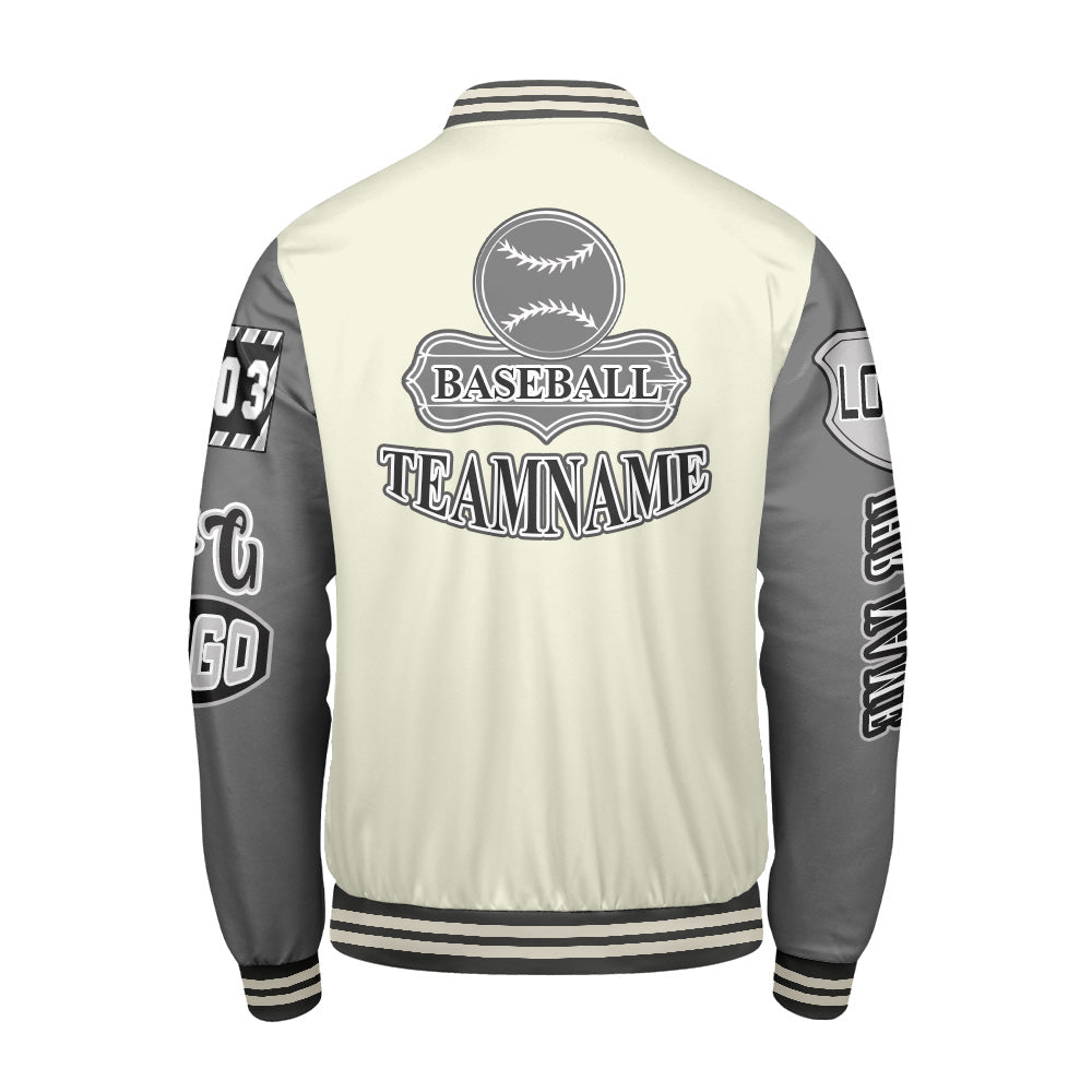 Maßgeschneiderte Weiß Grau Letterman Varsity Jacket Individuelle Stickerei  Druck nach Ihrem Wunsch