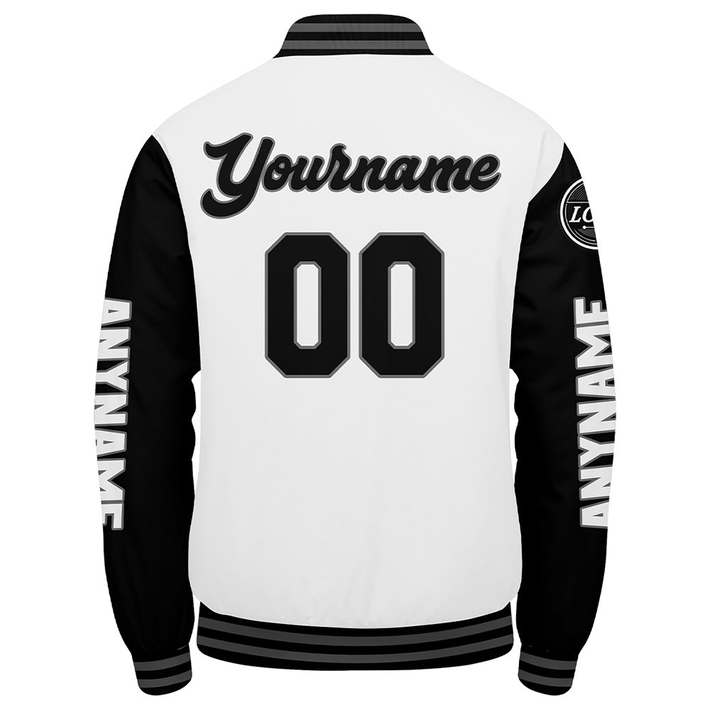 Maßgeschneiderte Schwarz Weiß Letterman Varsity Jacket Individuelle Stickerei Druck nach Ihrem Wunsch