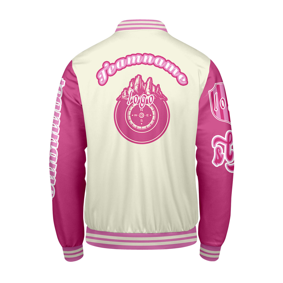Maßgeschneiderte Weiß Rosa Letterman Varsity Jacket Individuelle Stickerei  Druck nach Ihrem Wunsch