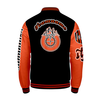 Maßgeschneiderte Schwarz Orange Letterman Varsity Jacket Individuelle Stickerei  Druck nach Ihrem Wunsch
