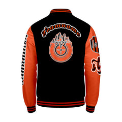 Maßgeschneiderte Schwarz Orange Letterman Varsity Jacket Individuelle Stickerei  Druck nach Ihrem Wunsch