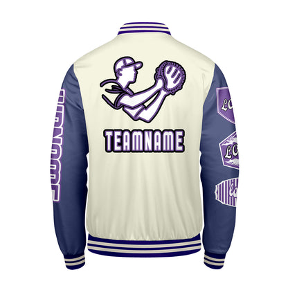 Maßgeschneiderte Weiß Lila Letterman Varsity Jacket Individuelle Stickerei  Druck nach Ihrem Wunsch