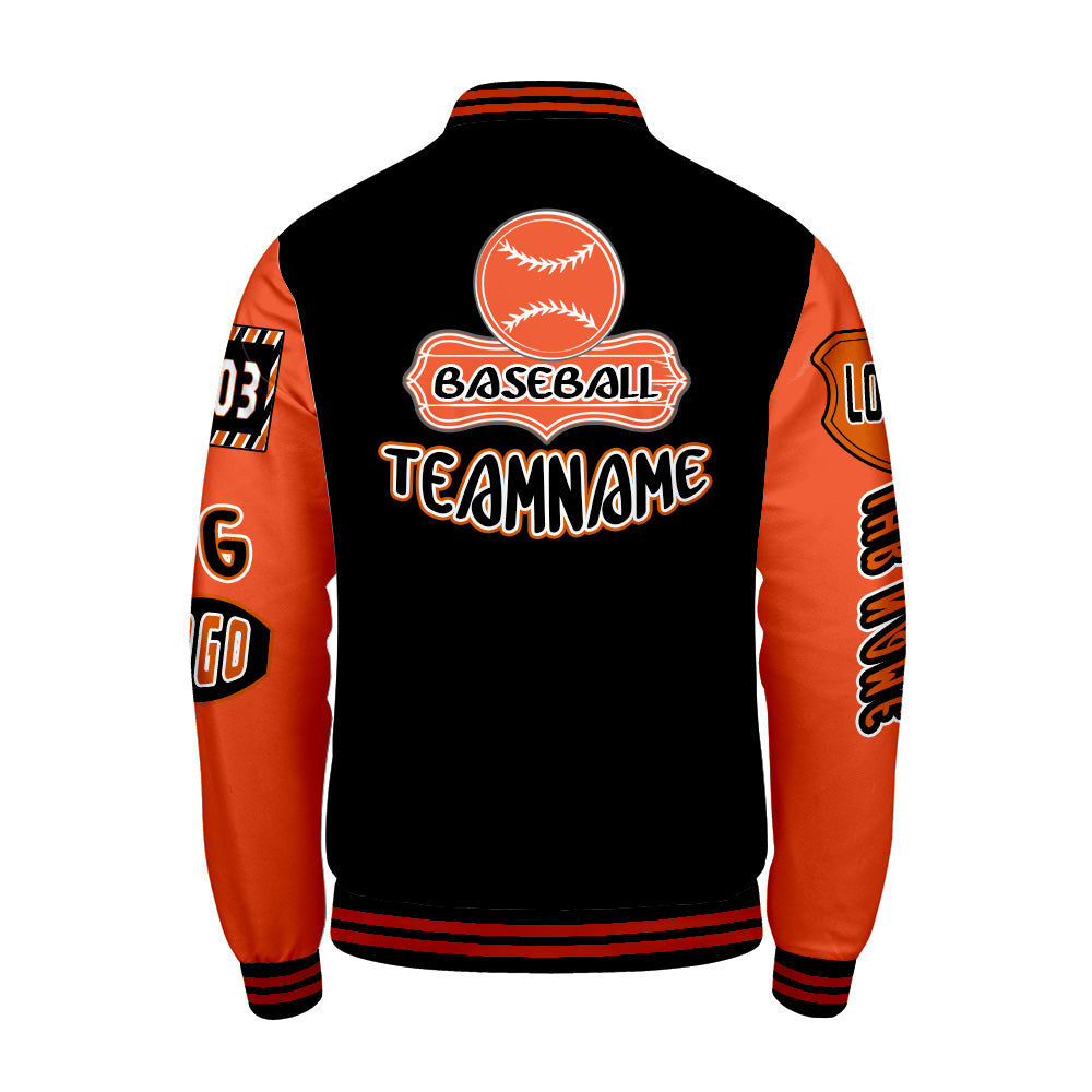 Maßgeschneiderte Schwarz Orange Letterman Varsity Jacket Individuelle Stickerei  Druck nach Ihrem Wunsch