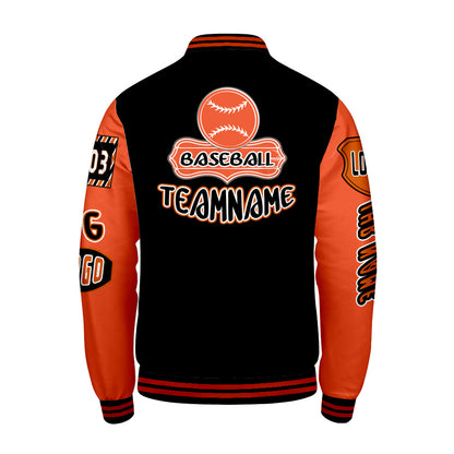 Maßgeschneiderte Schwarz Orange Letterman Varsity Jacket Individuelle Stickerei  Druck nach Ihrem Wunsch