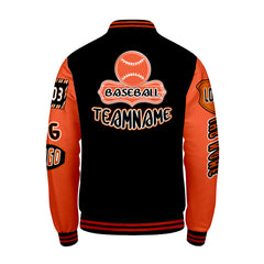 Maßgeschneiderte Schwarz Orange Letterman Varsity Jacket Individuelle Stickerei  Druck nach Ihrem Wunsch