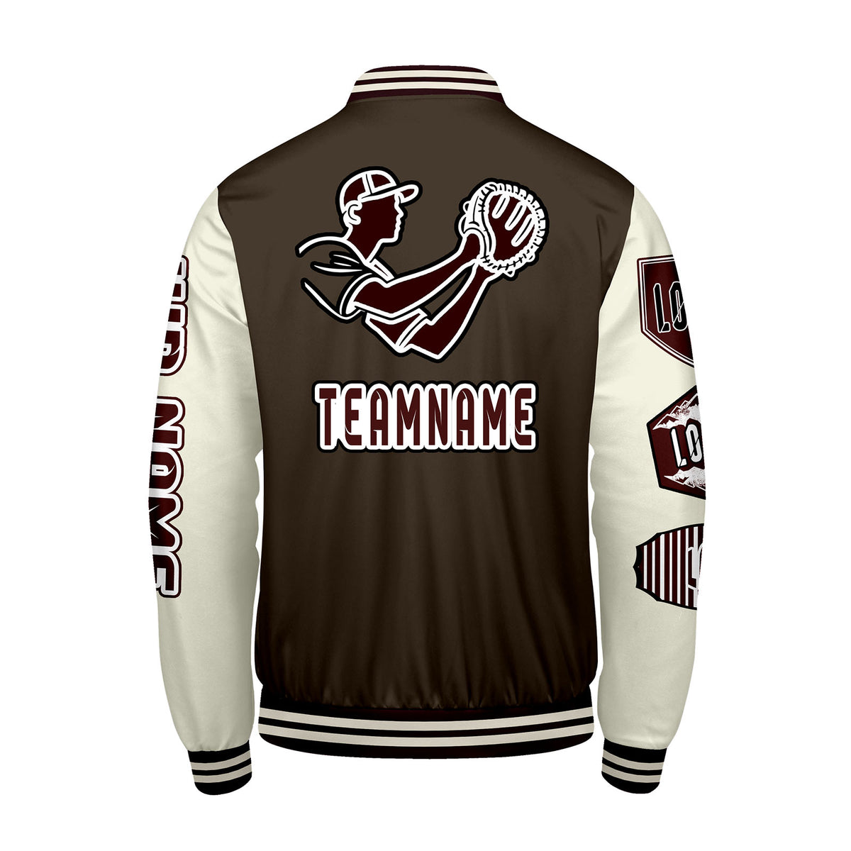 Maßgeschneiderte Braun Weiß Letterman Varsity Jacket Individuelle Stickerei  Druck nach Ihrem Wunsch